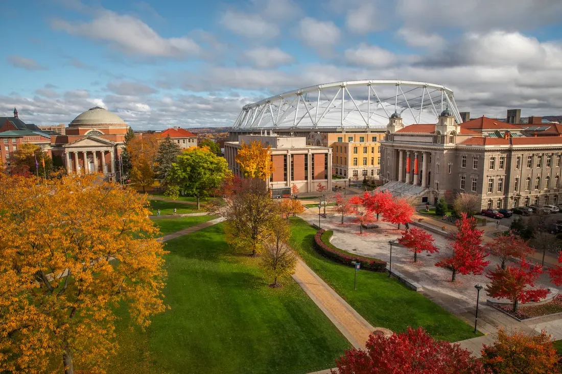 A drone image of Syracuse University's campus.